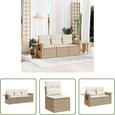 vidaXL Rattanmöbel - 3-tlg. Garten-Sofagarnitur mit Kissen Beige Poly Rattan (1/5)