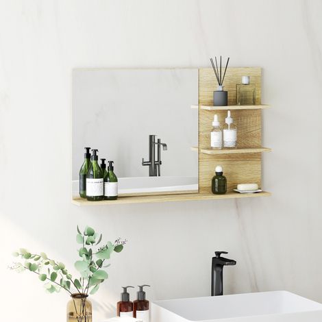 Couleur bois - Miroir de salle de bain moderne avec 2 étagères latérales et étagère du bas, miroir mural en MDF et verre, 75x10x48 cm