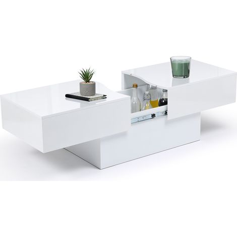 Idmarket – Table basse coulissante rectangulaire – Bois blanc – Dimensions 120-171 x 50 x 43 cm – Rangement intégré sous plateau – Design contemporain