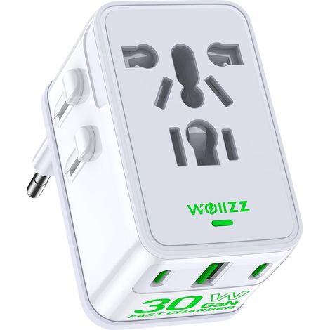 Adaptateur Voyage, Chargeur Universel Mondial GaN 30W avec Prise européenne, 4 Ports (1 AC, 1 USB-A, 2 USB-C), pour USA, Europe, UK, AUS, Japon, Blanc (1/5)