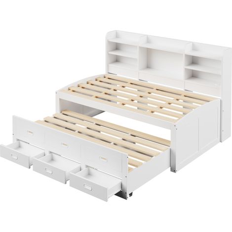 Tagesbett 90 x 200 cm mit LED, 3 Schubladen, Stauraum und USB-C-Anschlüssen, weiß, MODENUIT (1/5)