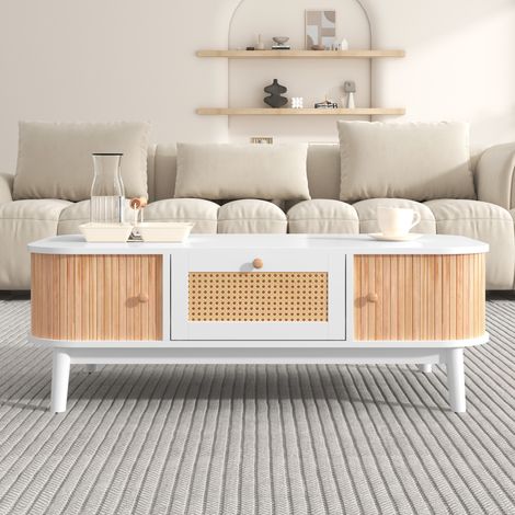 Table basse, table basse en rotin, tiroir avec rotin et porte coulissante, pieds en bois massif, style rustique naturel,blanc (1/5)
