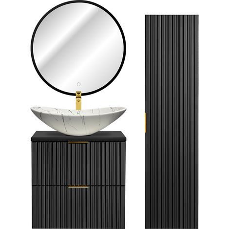 Badezimmer Möbel Set mit Hochschrank, LED Spiegel und Keramik Waschbecken, matt schwarz gerillt, ADELAIDE-56-BLACK, B/H/T ca. 130/200/46,5 cm (1/5)