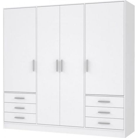 Armoire contemporaine 4 portes battantes – 6 tiroirs – Bois aggloméré blanc mat – L 206,5 x P 60 x H 200 cm – Partie lingère et penderie (1/5)