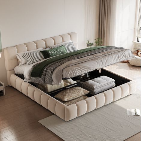 Cama doble tapizada moderna 140x190 cm en terciopelo beige con cabecero mullido y almacenamiento hidráulico (1/5)