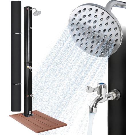 AREBOS Solardusche 40L & Bodenelement in Holzoptik inkl. Abdeckhaube mit integriertem Thermometer Schwarz runder Duschkopf mit Fußdusche mit Gartenschlauch-Anschluss inkl Montagematerial (1/5)