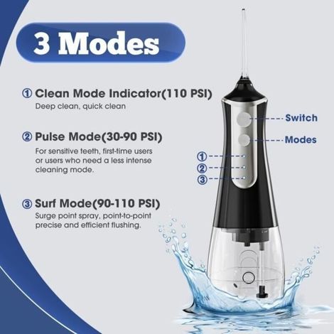 Hydropulseur Jet Dentaire Portable - 6 Busettes 3 Modes - Réservoir d\'Eau 300 ML (1/3)