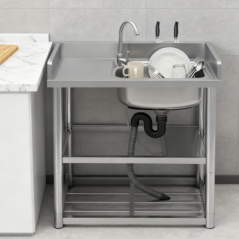 Évier de cuisine, lavabo indépendant en acier inoxydable, évier professionnel 80 x 50 x 80 cm, lavabo simple avec robinet, adapté à une utilisation en extérieur et en camping (côté droit) (1/5)