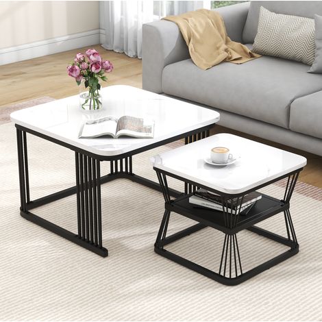 Mesa de centro lote de 2, efecto mármol blanco, estructura de acero negro, DESVIAE (1/5)