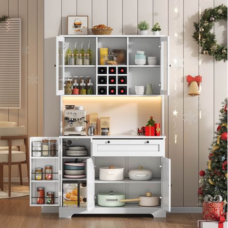 Aparador de cocina 180x105x40 cm blanco en MDF con LED, vitrina, estantes ajustables y enchufes USB (1/5)