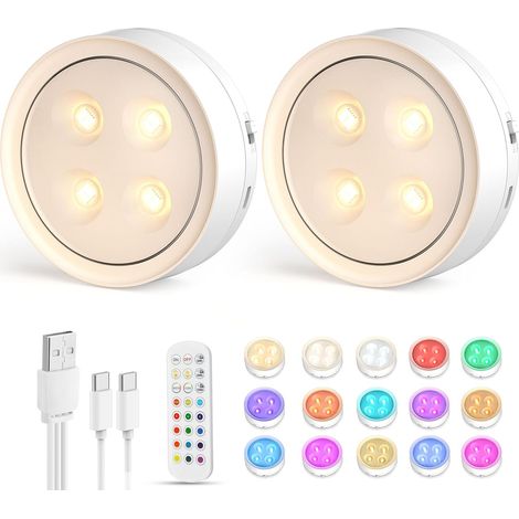 Lampe LED Rechargeable Cuisine Sans Fil Lumiere Sous Meuble Placard Eclairage Spot Led avec Telecommande USB Pile Armoire Light 12 Color Dimmable éclairage Spécial Lumière (2pcs Blanc) (1/5)