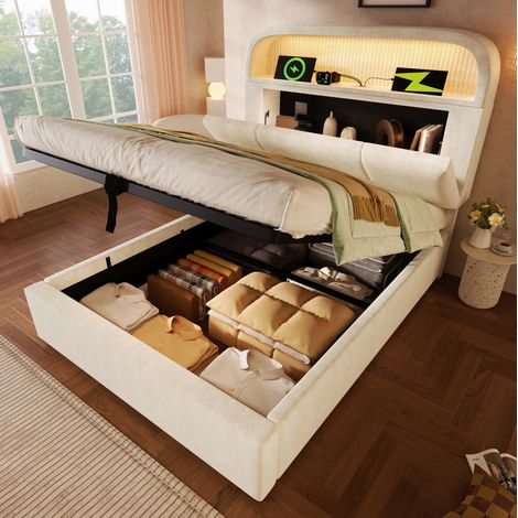 Letto imbottito 90x200 cm beige in velluto, con testiera contenitore regolabile, LED, USB/Type-C, vano con sollevamento e materasso (1/5)