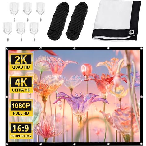 Écran de projection 100" : écran de projection blanc softscreen 4K home cinéma, écran portable pliable, écran 169", pour la maison, le bureau et les cours, avec corde et 8 crochets, 2,21 × 1,25 (1/5)