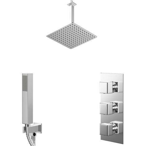 Cubix Polished Chrome Concealed Triple Thermostatic Shower Valve and 300mm Square Head with 300mm Ceiling Arm and Outlet Holder with Kit - 2 Outlet (1/5)