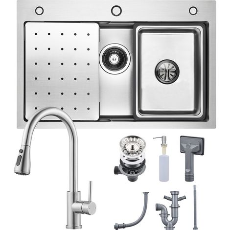 CECIPA MAX Fregadero individual de 70 x 45 cm con escurridor, fregadero y dispensador de jabón con grifo extraíble de cocina, 2 modos de pulverización, cepillado