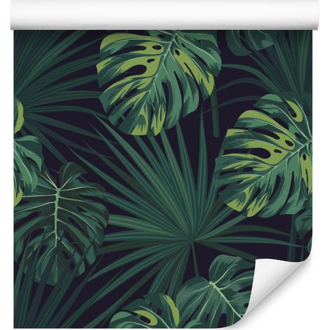 Papel pintado con hojas de monstera tropical sobre fondo oscuro, 50x1000 cm. (1/5)