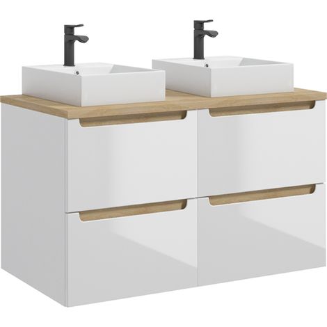 Meuble double vasque 120cm 4 tiroirs Livia Blanc et Bois