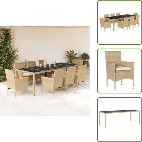 Ensemble à manger de jardin et coussins 9 pcs beige rotin verre - Meubles De Jardin - Salon De Jardin - Set De Jardin - Mobilier De Patio - Table De Jardin (1/5)