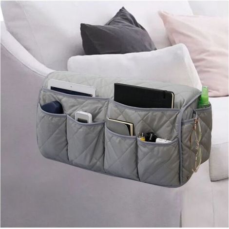 Sac de rangement latéral pour accoudoirs de canapé - Économie d’espace - Solide - Grande télécommande pour TV, articles divers, organiseur, sac de rangement gris (1/3)