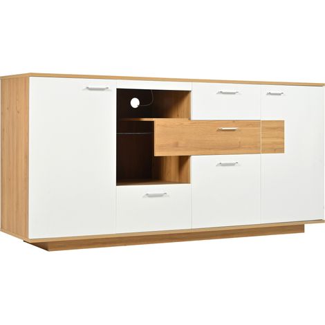 Madia con LED 160x40x77 cm 2 ante 4 cassetti ripiano in vetro finitura legno e bianco HOMVRA (1/5)