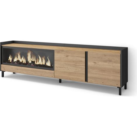 Skraut Home - Mobile TV Soggiorno, Ampio spazio a disposizione, 212x35x61cm, Per TV fino a 80", Camino elettrico XXL, Design industriale, Stile moderno, Rovere e nero (1/5)