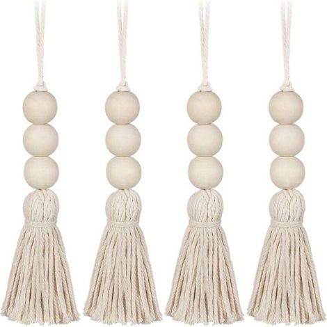 Dekorative Holzkugeln, Set mit 4 natürlichen Baumwollperlen, Quaste für Wand- oder Flurdekoration