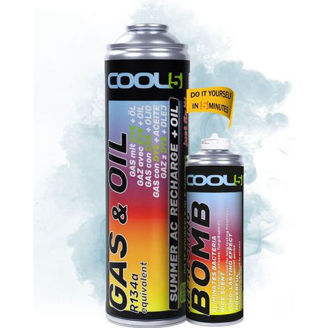 COOL5 2in1 – Kältemittelersatz R134a mit Öl, zum Nachfüllen von Klimaanlagen in Pkw (Baujahre 1995–2016) + Erfrischungsbombe + APC 500 ml