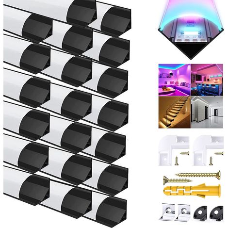 Lot de 20 profilés LED en aluminium en forme de V, 6 packs de canaux profilés d'angle avec couvercle blanc laiteux, embouts, clips de montage et connecteurs d'angle à 45 degrés pour diffuseur de rail (1/5)