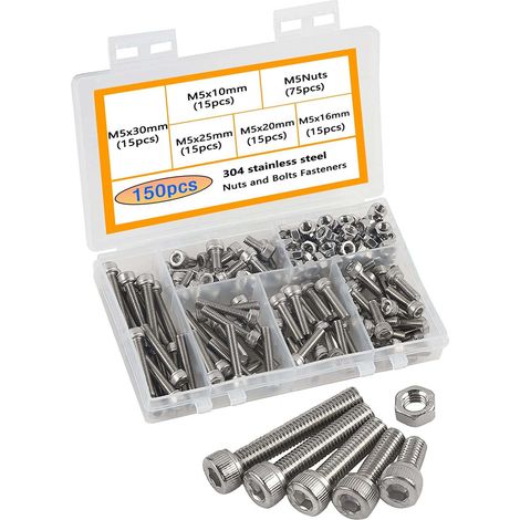 150 pièces vis et écrous m5, acier inoxydable 304, six pans creux, tête cylindrique, kit de fixation pour bricolage (1/5)
