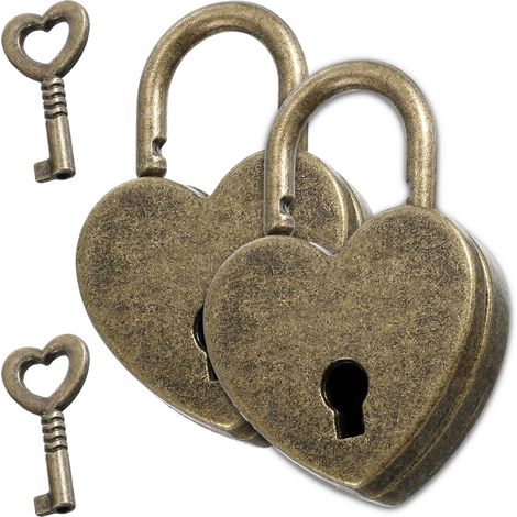 Lot de 2 cadenas en laiton antique en forme de cœur avec clé pour agendas, armoires et bagages (1/5)