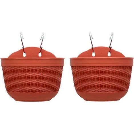 Set mit 2 hängenden Kunststoff-Blumentöpfen mit 4 Haken und wasserdichtem Abflussloch für Gartenzäune, 21 x 13,5 cm, ziegelrot (1/5)