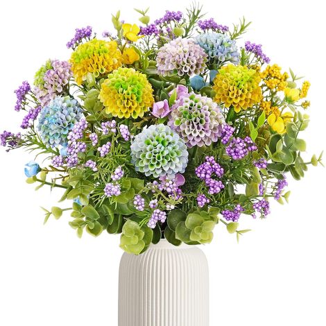 Fleurs artificielles d'extérieur en soie résistante aux UV - Mélange d'eucalyptus - Arrangement de fleurs artificielles violettes réalistes pour vase intérieur ou extérieur - Décoration de (1/5)