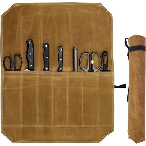 Trousse à couteaux professionnelle en toile imperméable, avec 7 compartiments, rangement compact pour couteaux de chef et accessoires de cuisine, adaptée à la restauration, marron