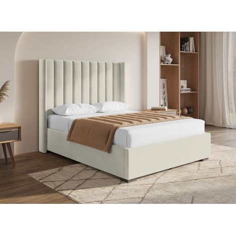 Deco In Paris – Lit coffre 140x190 cm en velours beige – Tête de lit matelassée – Grand coffre de rangement – Panneau MDF robuste (1/5)