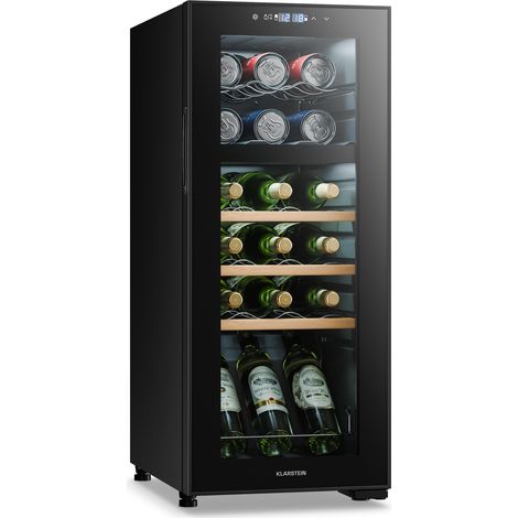 Klarstein – Cave à vin 18 bouteilles – 2 zones de refroidissement réglables 5-18°C – Éclairage LED – Porte vitrée panoramique UV