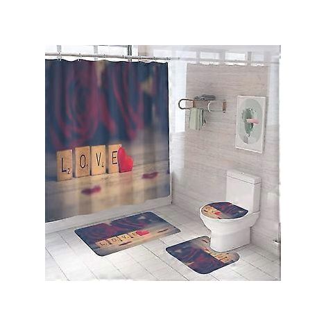 4-teiliges Valentinstags-Duschset mit rutschfester Matte (LOVE), WC-Deckel und Badematte, wasserdichter Vintage-Duschvorhang mit 12 Haken