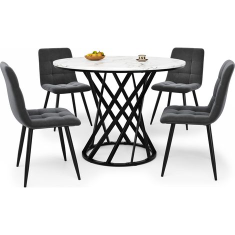Ensemble table à manger 5 pièces, ensemble moderne de table à manger avec 4 chaises, ensemble table de cuisine, table ronde de cuisine de 80 cm de diamètre avec pieds en métal noir, plateau en MDF bla