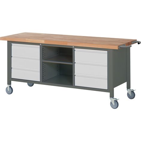 STIER Fahrbare Werkbank Premium mit 6 Schubladen und einem offenen Fach BxTxH 2000x700x880mm