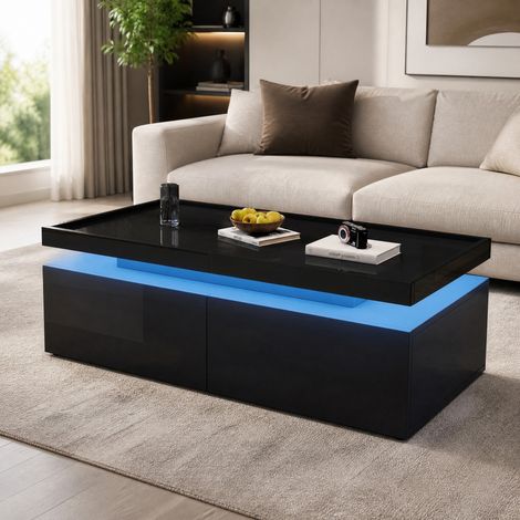 Mesa de centro LED 95 x 45 x 35 cm con 2 cajones, negro brillante HAVRYA (1/5)