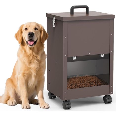 Mangeoire extérieure 45 lbs (20 kg), galvanisée, roulettes, pour grands chiens, brun (1/4)