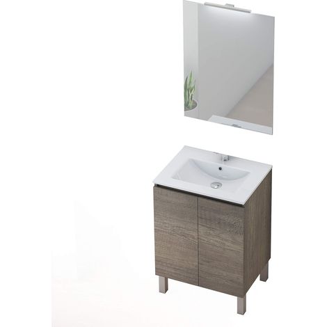 Ensemble Meuble de Salle de Bain avec lavabo et Miroir avec Applique LED avec Pieds, en Plusieurs Finitions, mélamine 16, 2 Portes 60 cm (1/5)