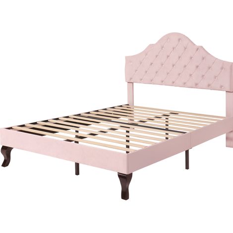 Letto capitonné 140 x 200 cm in velluto rosa con rete a doghe e testiera regolabile (1/5)