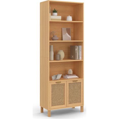 Idmarket – Bibliothèque 4 niveaux en bois avec placard en cannage – Dimensions 170x60x30 cm – Design cosy pour salon ou bureau