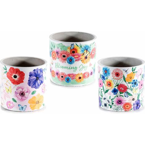 Pots ronds en ciment avec décors floraux colorés et inscriptions, lot de 6, diam. 13,5 cm x H. 13 cm