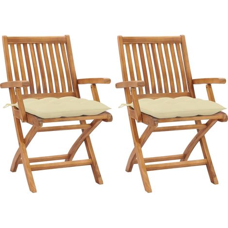 Chaises de jardin lot de 2 et coussins blanc crème Teck massif (1/5)