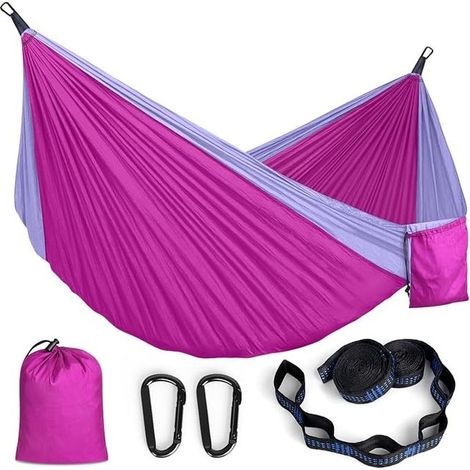 Lightweight Outdoor Hanging Hammock Parachute Fabric with Carabiners and Straps for Travel, Camping, Hiking and Garden, 295 x 140 cm, Capacity 350 kg, Pink and Purple (1/5)