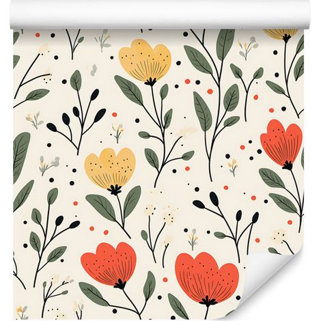 Carta da parati con fiori bianchi, grigio chiaro, crema e verde lime 50x1000 cm (1/5)