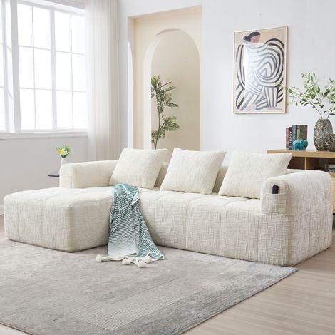 Canapé d'angle L 3 places beige 250x158x60cm, chenille, livré monté, méridienne, accoudoirs, 3 coussins, poche latérale (1/5)