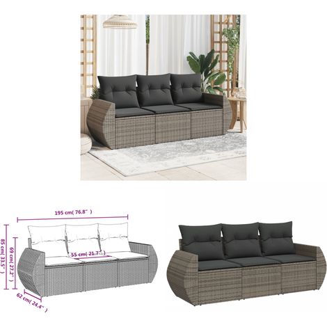 Salon de jardin avec coussins 3 pcs gris résine tressée - Ensemble Salon De Jardin - Meuble Extérieur - Résine Tressée - Rotin Synthétique - Fauteuil De Jardin - Home & Living