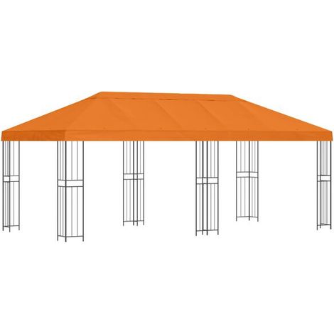 Un gazebo de 6 x 3 mètres avec parois latérales, fabriqué en fibre de polyester orange et structure en acier, 190 cm de haut.